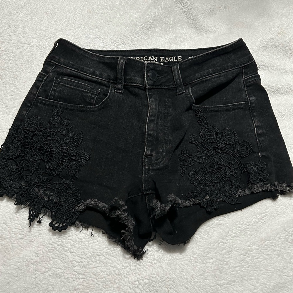 American Eagle Outfitters Black Jean Shorts with Lace Detail